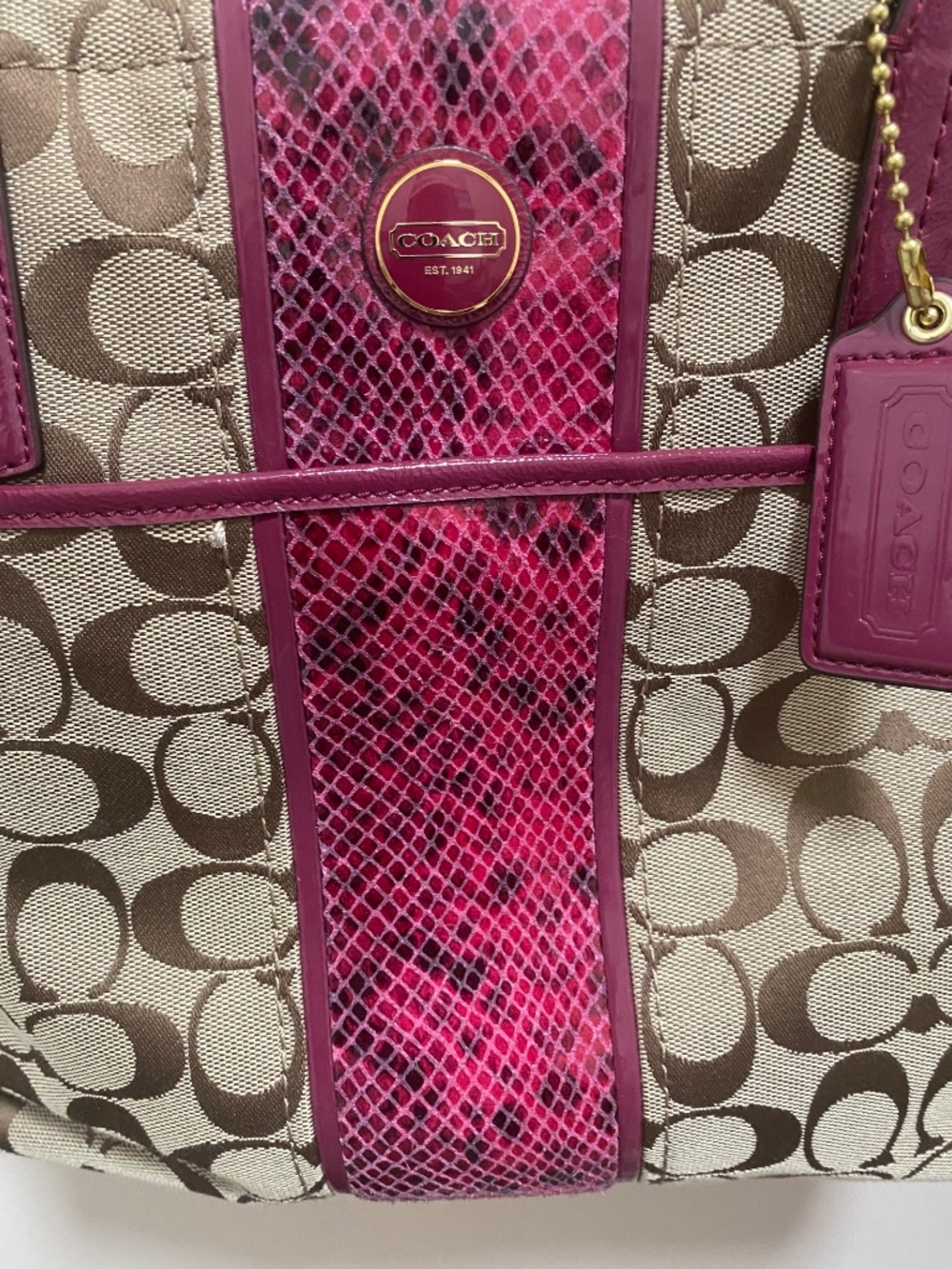 Coach Signature Stripe Python Print Color Raspberry F25706 Bag - Picture 2 of 11